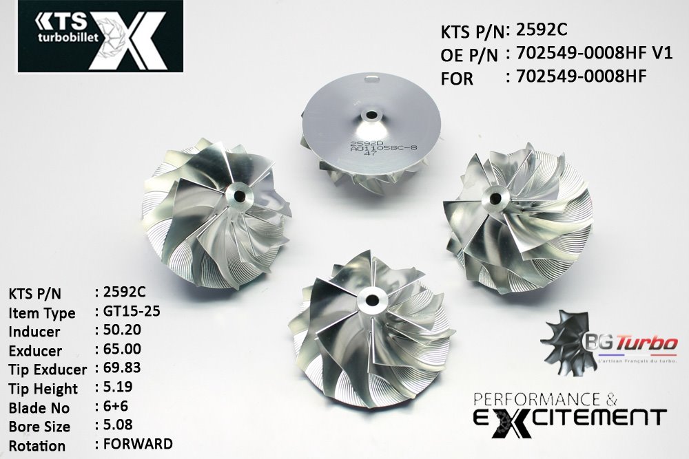 Turbo ROUE FORGÉE MFS PERFORMANCE - 6+6 PALES - INDUCER : 50,198 - EXDUCER : 65 - TYPE : GT15-25ANGLE : 60° - ROTATION : Forward - SUPER BACK : 3,68 - BORE SIZE : 5,08
